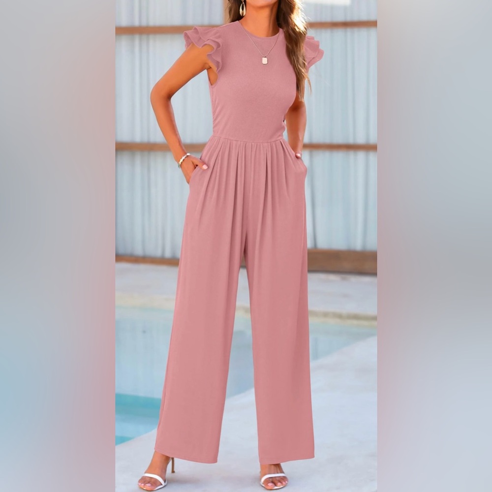 PrettyGarden Ruffle Cap Sleeve Elegant Dust Pink Sleeveless Jumpsuit Size Medium